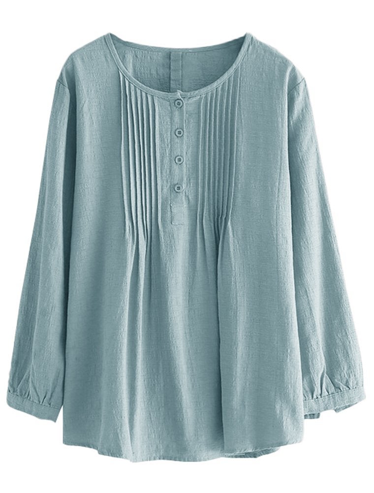 Minibee Women's Scoop Neck Pleated Blouse Solid Color Lovely Button Tunic Shirt Blue 2XL - Image 1